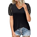 Damen Kurzarmshirt V Ausschnitt Basic Oberteile mit Spitze Kurzarm Einfarbig Elegant T-Shirt Tops Spitzennähte Loses Oberteil Lässiger Elegant Sommer Hemdb