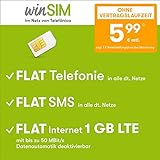 Handyvertrag winSIM LTE All 1 GB - ohne Vertragslaufzeit (FLAT Internet 1 GB LTE mit max 50 MBit/s mit deaktivierbarer Datenautomatik, FLAT Telefonie, FLAT SMS und EU-Ausland, 5,99 Euro/Monat)