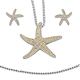 DUR Anhänger mit Kette und Ohrstecker Seestern | Echter Strand-Sand und 925 Sterling Silber | Kugel-Kette geschliffen 50