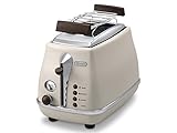 De'Longhi Toaster Icona Vintage CTOV2103.BG - 2-Schlitz-Toaster mit Brötchenaufsatz, Edelstahl in elegantem Retro Look mit Chrom-Details, beig