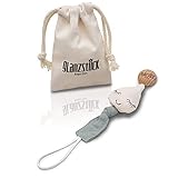 Glanzstück Berlin® Kids Collection: DAS ORIGINAL - Schnullerkette/Schnullerband/Nuckelkette aus Baumwoll-Musselin für Jungs & Mädchen, Holz-Clip (washed beige-petrol)