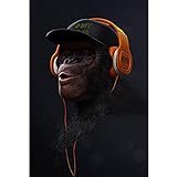 QYC Three Thinking Monkeys Canvas, Modern Wall Art Print Pictures, Funny Headphones Gorilla Animal Wall Art Poster and Prints Home Decor Picture, for Living Room Decoration Bedroom, U