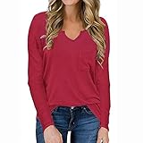 Damen Lässige Einfachheit Einfarbig V-Ausschnitt Langarm T-Shirt Basis Hemd Bluse Klassisch All Match Temperament T-Shirt Pullover L