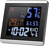 GDEVNSL Indoor Digital Color Hygrometer Clock LCD Temperatur Feuchtigkeitsmesser Alarm Schlummerfunktion Kalender Wettervorhersage Display