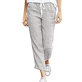 Lulupi Damen Leinenhose 7/8 Länge Hose aus Leinen Leichte Sommerhose Strandhose Weich Bequem Loose Einfarbig Freizeithose Jogginghose Mit Kordelzug