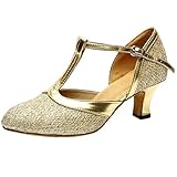 Damen T-Strap Pumps Standard Latein Tanzschuhe Mittelhohe mit Riemchen Geschlossen Knöchelriemen Weicher Boden, Tango Salsa Schuhe Elegante Schlüpfen Brautschuhe Celucke (Gold, EU37)