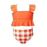 N/ D 2-teiliges Badebekleidungs-Set für Mädchen, einfarbig, quadratischer Ausschnitt, gerüschte Tank-Tops mit karierter hoher Taille, Triangelhose, Orange, 2-3 J