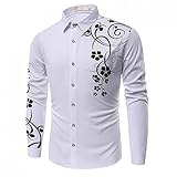 Hevoiok Herren Stilvoll Slim Hemd Casual Herbst Turn-down Collor T Shirt Langarm-Shirt Drache Bedruckt Hemd Langarmhemd für Anzug, Business, Hochzeit, Freizeit (Weiß, XL)