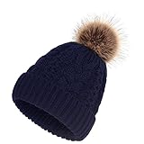 GUOQUN-SHOP WintermüTze Knit-Hüte for Frauen Double-Layer-Fleece-Futter Chunky Wintermütze mit Kunstpelz mit Bommeln (Color : Navy, Size : One Size)