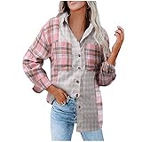 Frauen Kariertes Hemd Langarm Büro-Knopfhemd mit Nähten Farbe Karodruck Langarmhemd Oversized Damen Hemdbluse Brusttaschen Shirt Designer Boyfriend Bluse Jeansjack