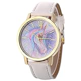 OUMIFA Einfache Stil Armbanduhr Stil Casual Damen Gürtel Quarzuhr Mode Farbe Pferd Einhorn Muster Student Watch Geschenke für Frauen (Color : White)