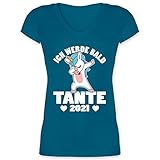 Schwester und Tante Geschenk - Ich werde Bald Tante 2021 mit dabbendem Einhorn - weiß - XL - Türkis - Tante - XO1525 - Damen T-Shirt mit V