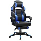 SONGMICS Gamingstuhl, Schreibtischstuhl mit Fußstütze, Bürostuhl mit Kopfstütze und Lendenkissen, höhenverstellbar, ergonomisch, 90-135° Neigungswinkel, bis 150 kg belastbar, schwarz-blau OBG073B04