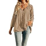 ZUYOU Damen Tunika Crop-Tops Sommer 3/4 Flare Ärmel Tiefer V-Ausschnitt mit Knöpfen Lose Hemden Bluse Frauen Lässig Große Größe Einfarbig Spitze Blumen Chiffon Patchwork Leichtes T-Shirt Ob