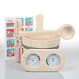 Saunazubehör aus Kiefernholz, 6-teilig, Eimer 3L zusammen mit Kunststoffeinsatz, 36cm Schöpfkelle, 15min. Sanduhr, abgerundetes Thermometer - Hygrometer, laminiertes Saunaposter in DE FR EN Sp