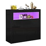 YOLEO Küchenschrank Sideboard mit LED-Leuchte Anrichte matt Hochglanz für Küche Esszimmer Wohnzimmer (schwarz, 100 x 92 cm)