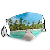 Malediven Insel Mit Strand Holzdeck Palme Exotischen Urlau Erwachsene Waschbare Tuch Gesichtsmaske Wiederverwendbar und Verstellbar mit F