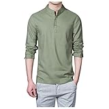 Julhold Langarmshirt Herrenhemden Männer Ethnischen Stil Einfarbig Baumwolle Leinenhemd Stehkragen Slim Langarm Hemdbluse Tops(Armeegrün,4XL)