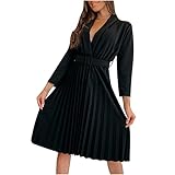 Komiseup Kleid Damen, Kleid Damen Elegant Sexy V-Ausschnitt Handgelenk Ärmel Einfarbig Pullover Herbst Knielanges Kleid Mit Gürtel Kleider Freizeitkleid Cocktailkleid Partykleid Abendk