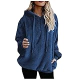 iHENGH Damen Herbst Winter Fuzzy Kapuzenpullover Übergröße Teddy-Fleece Fluffy Langarm Pullover Kapuzenjaken, 1/4 Reißverschluss Oversize Sweatshirt Warm Taschen Hoodie Jaken (Blau,S)