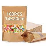 MeYuxg Kraftpapier Tüten mit Sichtfenster, 100 Stück Zipper Pouches Wiederverwendbare Standbodenbeutel, Kleine Braune Papier Beutel, für Snacks, Tee, Kaffee, Lebensmitteln, 14 x 20