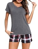 iClosam Damen Pyjama Set Schlafanzug Kurz Baumwolle Nachtwäsche Kurzarm Sommer V Aussschnitt Sleepwear mit Kordelzug & S