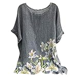 Masrin Baumwolle Leinen T-Shirt für Frauen Vintage Ethnischen Stil Schmetterling Blumen Löwenzahn Moon Star Print Tops Übergroße Kurzarm O-Ausschnitt Lose Tunika Bluse(L,Weiß)