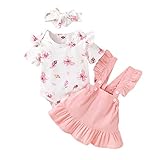 T TALENTBABY Neugeborene Baby Mädchen Kurzarm Kleidung Outfit Set 3 Stück Rüschen Druck T-Shirt Top + Rüschen Strapsrock + Schleife Stirnband für 0-24 Monate alt, weiß rosa, 0-6 M