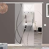 Schiebetürsystem ESG Dekor matt mit klare geschwungene Streifen M6-Alu mit 30mm Wandabstand (900 x 2050 mm, Soft-Stop Slimline Alu-Schinensystem mit Griffstange 420mm rund)