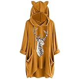 Damen Weihnachten Oberteil Katze Ohren Elch Druck Langarmshirt Bluse Lässig Hoodie Asymmetrisches T-Shirt Tank Tops Tunika Kapuzenpullover Sweatshirt Taschen Pullover Hemd Casual Langarm Top