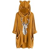 RMBLYfeiye Kapuzenpullover Damen Druck Katzen Ohr Mit Kapuze Langärmliges Unregelmäßiges Spitzenblusen Hemd Damen Lang Oversize Hoodie Warm Bequem Casual Pullover Herbst Winter Frauen Sw