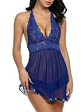 ADOME Spitze Negligee V-Ausschnitt Babydoll Lingerie Öffnen Zurück Nachtwäsche Kleid Dessous Unterwäsche für Damen mit Panties , farbe - Blau , Gr. EU M