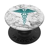Blaugrün Caduceus auf weiß grau marmorierter Optik PopSockets mit austauschbarem PopGrip