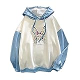 YANGQI Hoodie Damen Oversized Vintage Kaninchen Mit Schleife Und Brille Druck Japanisch Casual Kapuzenpullover Zweifarbige Nähte Mode Einfach Fleece-Oberteil Mit Kapuze Langarm Kapuzenp