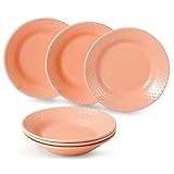 suntun Suppenteller Tief 6 teilig, Neues Bone China Porzellan Orange Geschirr Rund Teller Set 6 Personen, 200ml Pastateller, Vintage, Geprägte Kunst Desig