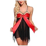 GBEN Damen Weihnachten Unterwäsche Strapse Reizwäsche Xmas Kostüm Nachtkleid Vorne Offen Nachtwäsche Spitze Negligee Reizvolle Baby Dolls Unregelmäßiger Hem Weiss Dessous S