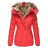 GEU Warme Damen Winter Jacke Warme Manteljacke mit Kapuze Winterparka Gefüttert Wintermantel Mit Reißverschlusstasche Slim Fit Plüschmantel Kapuzenjacke Fleecejacke Übergangsjack