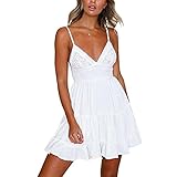 Damen Sexy V-Ausschnitt Rückenfrei Spaghetti-Träger Spitze Stickerei Mini Swing Skaterkleid Sommerkleid, weiß, S