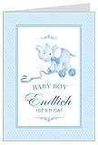 Geburtskarte Geburtstagskarte BABY BOY - Endlich ist er da Glückwunschkarte im Retro-Style zur Geburt für einen Jungen mit nostalgischem Ziehtier Elefant als Illustration in Blau. (Mit Umschlag) (8)