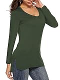 Beluring T-Shirt Damen Langarmshirt Rundhals Oberteile Longshirt Einfarbiges Tshirt Armeegrün M