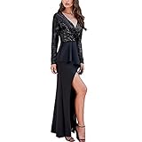 ZzheHou Frauen Abendkleid Frauen-Elegante V-Ausschnitt bodenlangen Lange SleeveTulle mit Sequin Bankett Abendkleid mit Pailletten unregelmäßigen Kleid (Farbe : Black, Size : L)