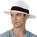 DRESHOW Herren Sommer Strand Sonnenhut Strohhut Fedora Hut breite Krempe Roll Up Cap Bucket Hat Fischerhut Boonie Hut Panama Hut UPF 30+, Stroh Fedora: weiß, Einheitsgröß