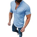 Baumwolle Leinenhemd Herren Hemd Kurzarm - Hemd Herren Sommer Freizeithemd Einfarbig Weißes Schwarzes Modern Regular Fit Kragenlos Stehkragen Henley Shirts für Männer Slim Fit Tees Shirts Top