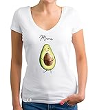Damen T-Shirt V-Neck - Avocado Mama Weiss-schwarz XL