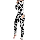 Schlafanzug Lang Einteiler Overall mit Butt Flap, Damen Leoparden Druck Kuschelig Jumpsuit Frauen Strampler Lustig Pyjama Bodysuit Romper Langarm Funktionale Geknöpfte Klappe Nachtw