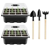 2 Stück Zimmergewächshaus Anzucht, Mini Gewächshaus Anzucht Set, Anzuchtschale mit Deckel, Kunststoff Anzuchtschalen mit 3 Gartengeräte Klein, 12 Löchern, Ideal für Saatgutkeimung und Pflanzenw