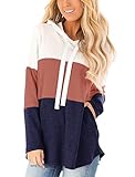 Lantch Damen Hoodies Farbblock Sweatshirt Gestreifte Pullover Casual Kapuzenpullover Langarm Shirts Kordelzug Oberteil mit Taschen(Braun,L)