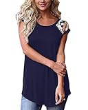 Damen T-Shirt Top Sommer Oberteile Basic Shirt Kurzarm Tee Bluse Frauen Elegant Baumwoll Freizeit, Blau, XXL
