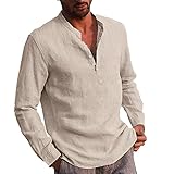AXIU Herren Einfarbig Baumwolle Leinenhemd Herren Hemd Langarm Slim Fit Freizeithemd Shirts V-Ausschnitt Mit Knöpfe Vintage Männer Kurzarmhemd Hemden Freizeithemd T Shirts H