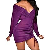 NUSGEAR Damen sexy einfarbiges Mesh Slim Fit Kleid mit Falten und Langen Ärmeln Winterkleid Damen Langarm Tiefer V-Ausschnitt Wickelkleid Partykleid Kurz Bodycon Minikleid Weihnachtskleid Abenk